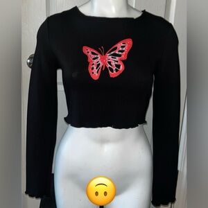 NWT Pretty Damage Black Long Sleeve Butterfly Crop Top Women’s Medium